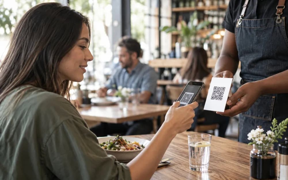 A diner scanning a QR card handed over by a waiter