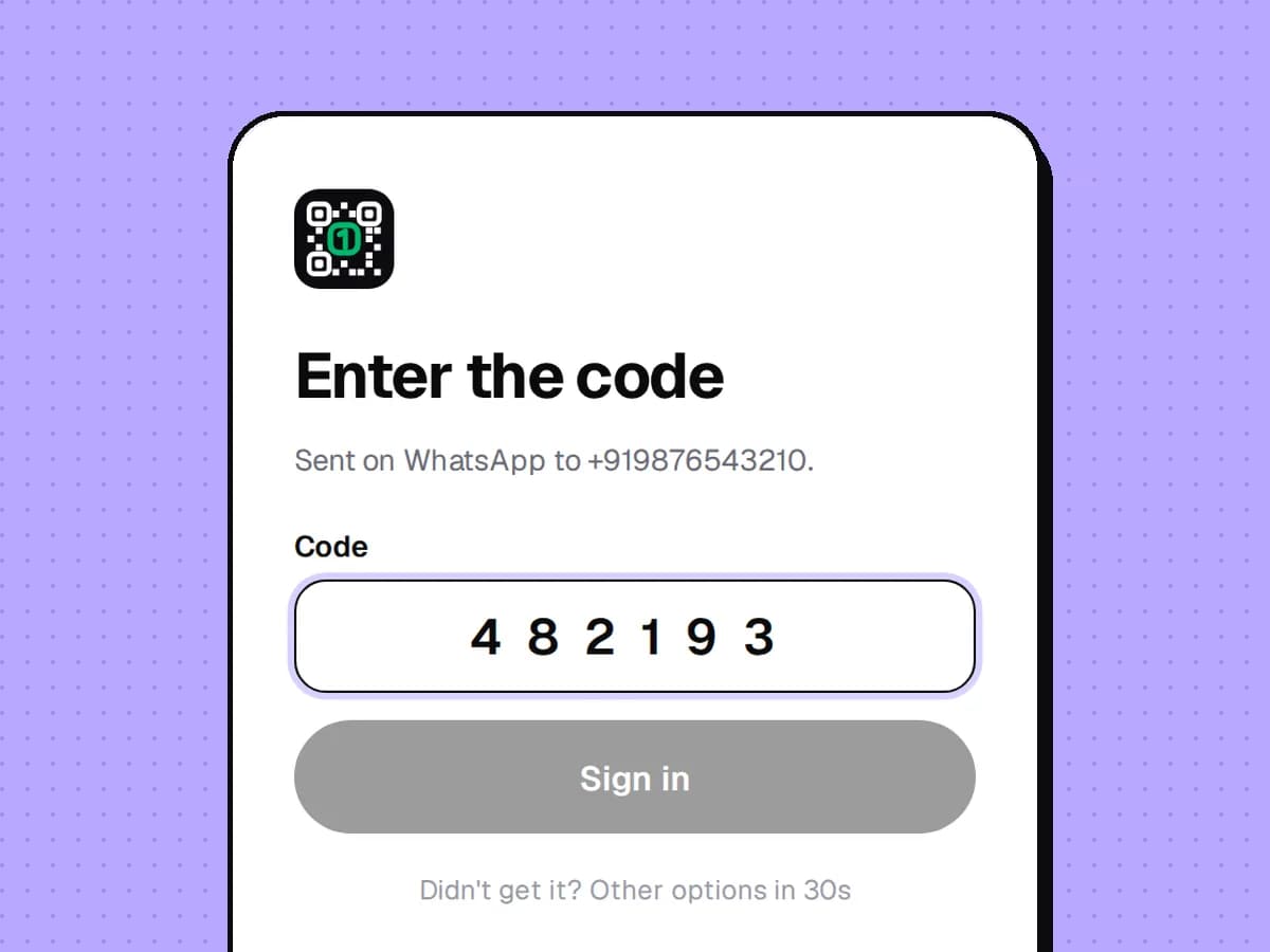 EkQR sign-in screen with the WhatsApp code entered